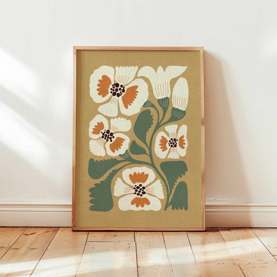 Matisse Style Floral Print — Sage & Ivory Botanical Wall Art, Retro Mid Century Modern Decor