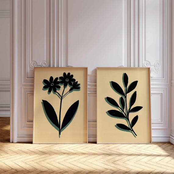 Abstract Botanical Prints — Minimalist Floral Wall Art in Black, Teal & Cream, Organic Flower and Leaf Art for Mid Century Modern Boho Decor