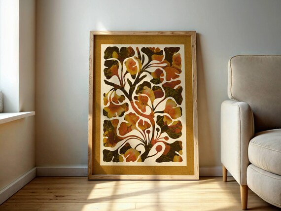 Mid Century Abstract Botanical Print, Neutral Retro Floral Wall Art, Organic Plant Shapes – Perfect for Cozy, Boho & Vintage-Inspired Decors