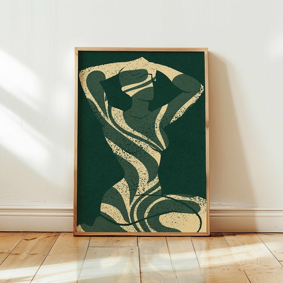 Female Silhouette Art Print — Emerald Green Abstract Wall Art, Mid Century Modern Boho Decor