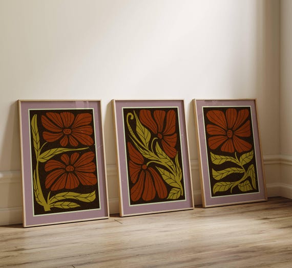 Abstract Retro Wall Art – Groovy 70s Flower Prints in Olive Green and Rust, Vintage Botanical Posters for Mid Century and Boho Home Decor