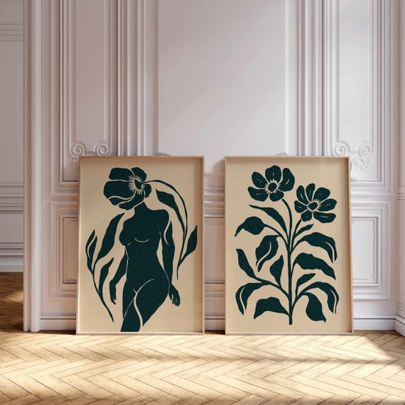Mid Century Modern Print Set: Abstract Woman and Flower Wall Art, Contemporary Home Decor