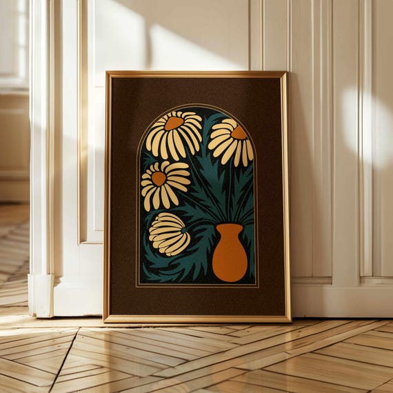 Floral Print of Abstract Chamomiles in 70s Retro Mid-Century Modern Style, with Warm Earthy Tones for Cozy Vintage-Inspired Wall Decor.