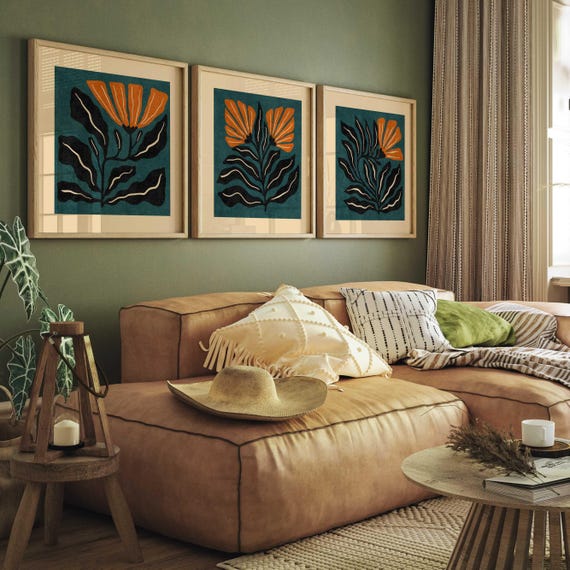 Retro Floral Print Set: Burnt Orange & Teal Botanical Art, Mid-Century Modern Boho Decor