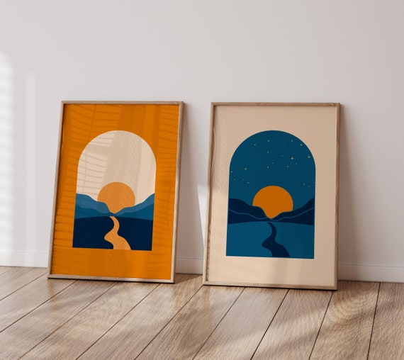 Mountain Wall Art Set, Set Of 2 Prints, Orange And Blue Digital Poster Set, Desert Landscape Prints, Mcm Decor, Digital Download