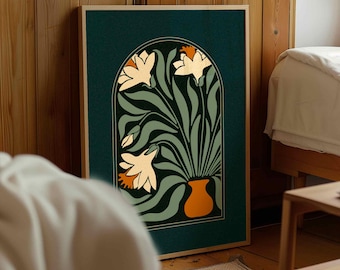 Mid Century Daffodil Print — Retro Botanical Wall Art, Scandinavian Decor