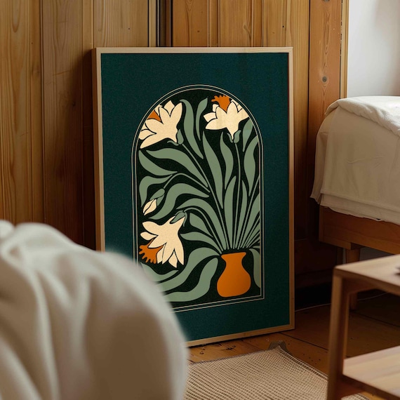 Mid Century Daffodil Print — Retro Botanical Wall Art, Scandinavian Decor