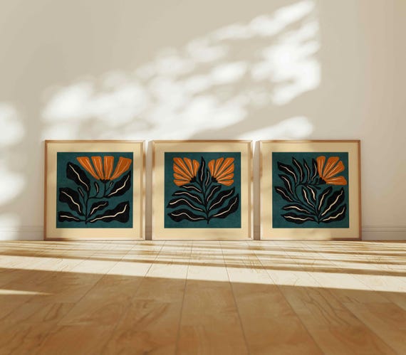 Retro Floral Print Set of 3, Mid Century Modern Botanical Wall Art, Scandinavian Decor