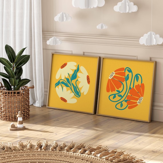 Colorful Retro Floral Wall Art, Groovy Matisse-Inspired Botanical Prints in Bold Colors – 70s Style Wall Decor for Mid Century & Boho Spaces