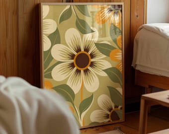 Retro Floral Print: Olive & Ochre Botanical Wall Art, Neutral Boho Home Decor