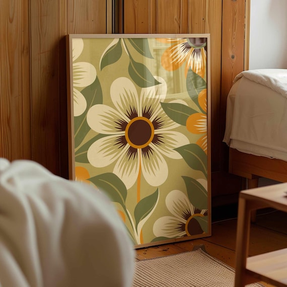 Retro Floral Print: Olive & Ochre Botanical Wall Art, Neutral Boho Home Decor