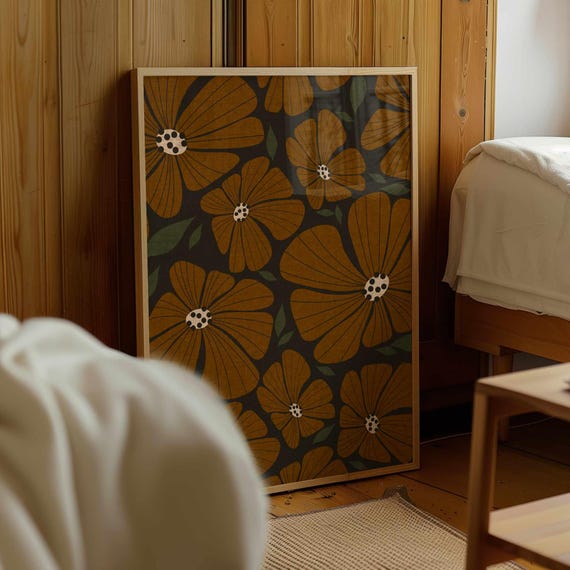 70s Retro Flower Print: Earthy Boho Botanical Wall Art, Mid Century Modern Floral Poster