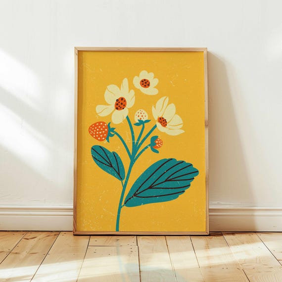 Retro Strawberry Print: Vibrant Botanical Wall Art, Maximalist Boho Decor