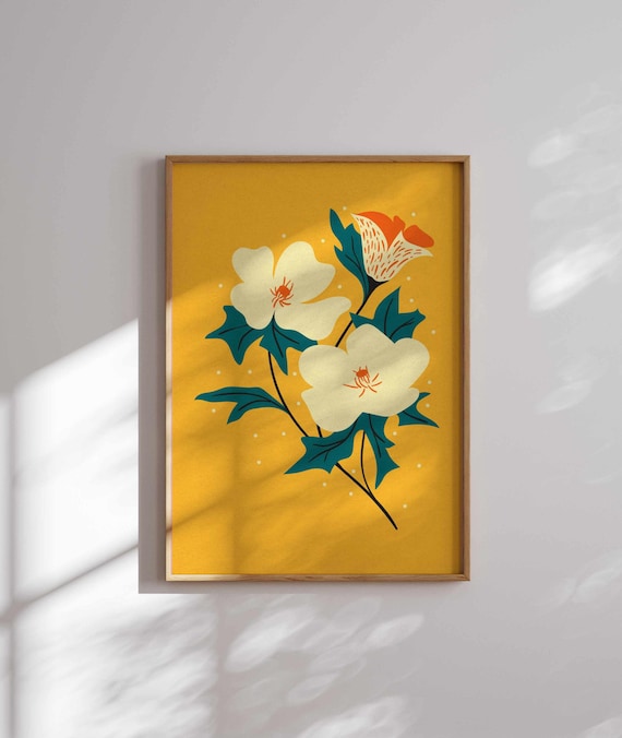 70s Groovy Floral Art Print, Retro Botanical Wall Art, Funky Mid Century Flower Poster in Summer Colors, 60s Aesthetic Vintage Home Decor