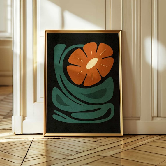 Abstract Retro Floral Print – Mid Century Flower Wall Art in Burnt Orange & Teal, Modern Boho Botanical Poster for Eclectic Home Decor