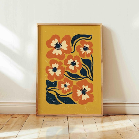 70s Retro Floral Print: Mustard and Navy Botanical Art, Mid Century Modern Boho Decor