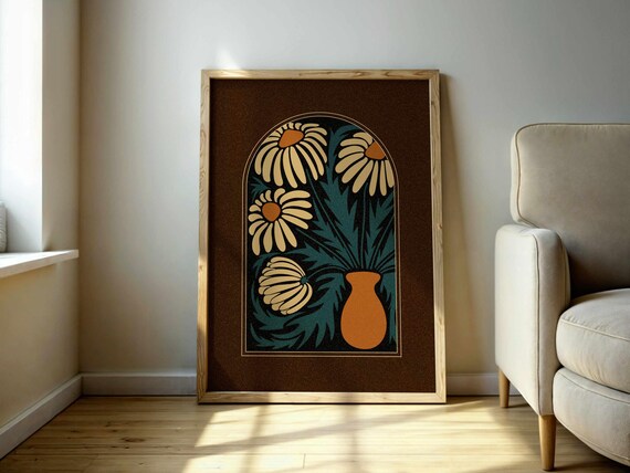 Floral Print of Abstract Chamomiles in 70s Retro Mid-Century Modern Style, with Warm Earthy Tones for Cozy Vintage-Inspired Wall Decor.