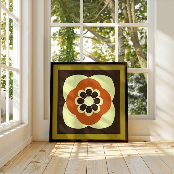 Groovy 70s Floral Print: Olive Green & Rust Retro Wall Decor, Geometric Botanical Art