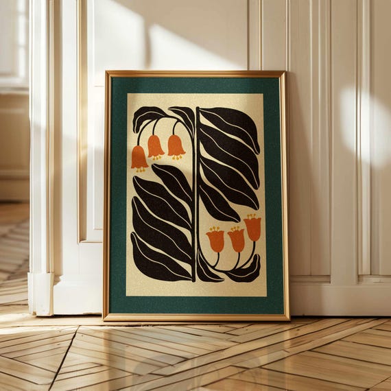 Abstract Mid Century Flower Print – Retro Floral Wall Art in Burnt Orange and Teal, Modern Boho Botanical Poster for Eclectic Interiors
