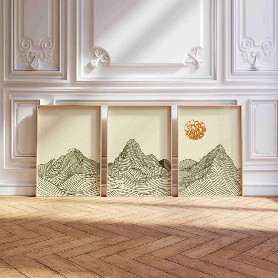 Minimalist Mountain Triptych: Japandi Landscape Print Set, Calm Nature Wall Decor