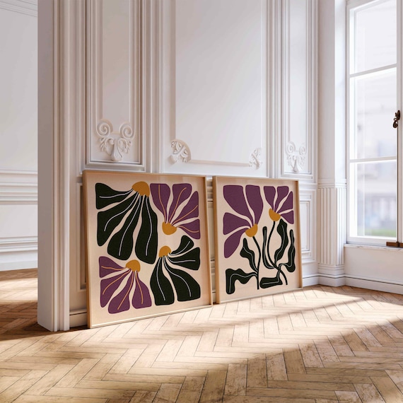 Retro Floral Print Set: Abstract Botanical Wall Art, Mid Century Modern Boho Decor