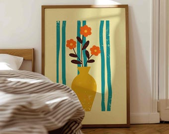 Retro bloemenprint jaren 70: groovy bloemenvaas muurkunst, levendig interieur