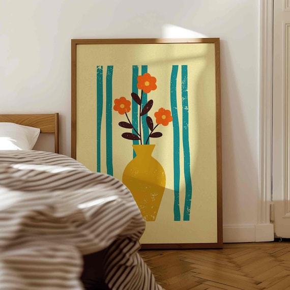 70s Retro Floral Print: Groovy Flower Vase Wall Art, Vibrant Home Decor