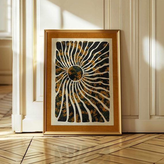Abstract Botanical Print, Retro Floral Wall Art in Warm Colors, Boho Organic Plant Shapes, Mid Century Vintage Style Home Wall Decor