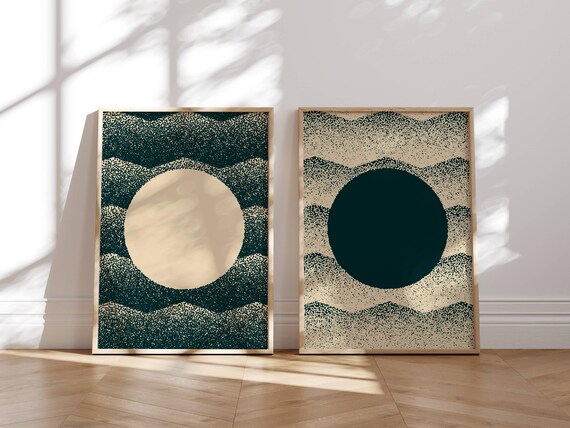 Mid Century Modern Wall Art Set of 2, Abstract Sun and Moon Circle Prints, Minimalist Japandi Decor, Modern Boho Art in Dark Teal and Cream