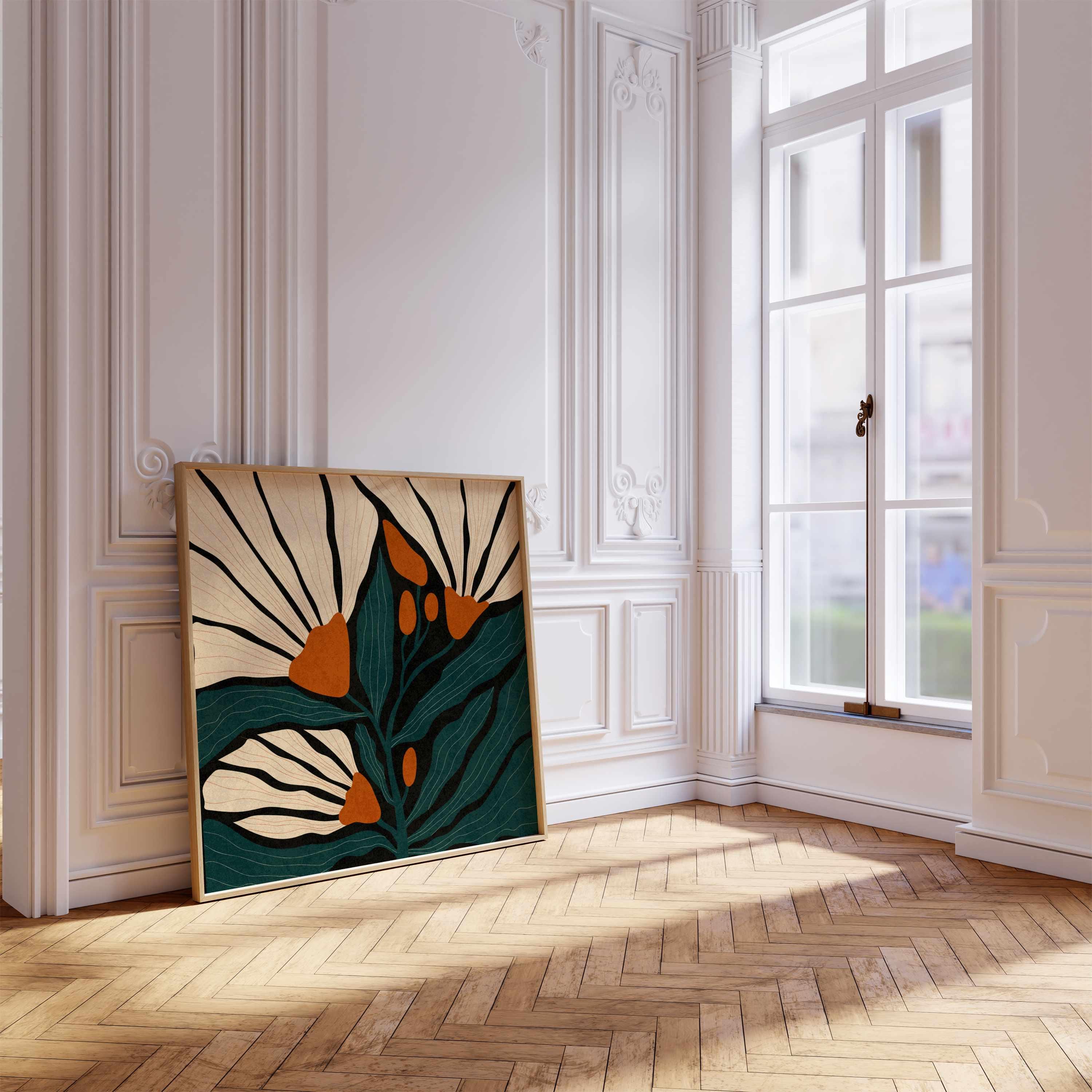 Retro Floral Print: Teal & Burnt Orange Botanical Art, Mid Century