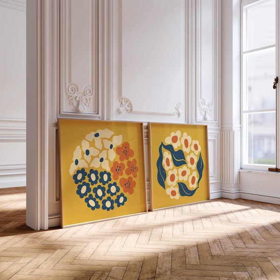 Retro Floral Print Set: Groovy 70s Botanical Art, Mid Century Boho Decor