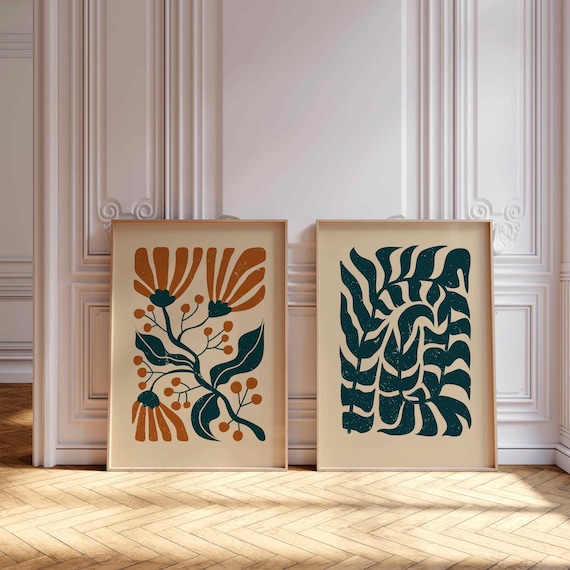 Matisse Floral Print Set: 70s Retro Botanical Wall Art, Mid Century Modern Boho Decor