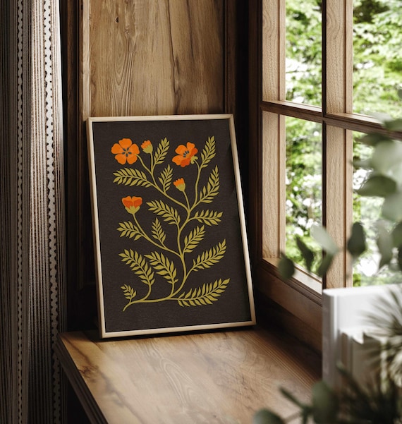 Vintage Floral Wall Art – Moody Botanical Print with Orange Blooms and Olive Foliage, Retro Style Flower Poster, Earthy Home Decor