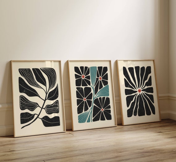 Retro Floral Prints, Set Of 3 Prints, Matisse Wall Art, 70s Floral Artwork, Funky Wall Art, Retro Poster Set, 70s Decor, Digital Download
