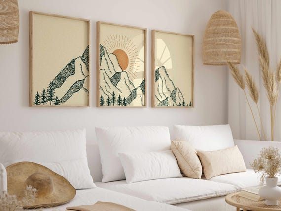 Mountain Landscape Print Set: Minimalist Japandi Triptych, Calm Nature Wall Art