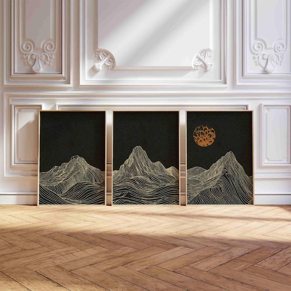 Mountain Line Art Print Set: Minimalist Japandi Triptych, Moody Landscape Wall Art