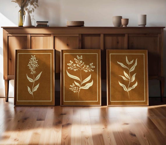Minimalist Floral Wall Art Set Of 3, Vintage Botanical Prints in Earthy Tones, Line Art Wildflower Posters for Boho & Nature-Inspired Decor