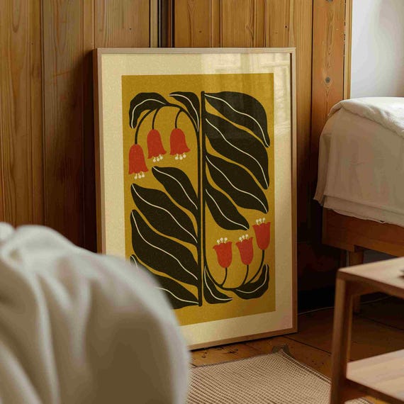 Mid Century Modern Floral Print – Red & Mustard Botanical Wall Art, Retro Boho Home Decor