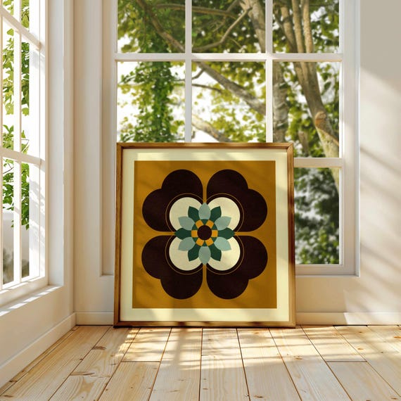 70s Retro Floral Print — Ochre & Emerald Green Botanical Art, Mid Century Modern Boho Decor