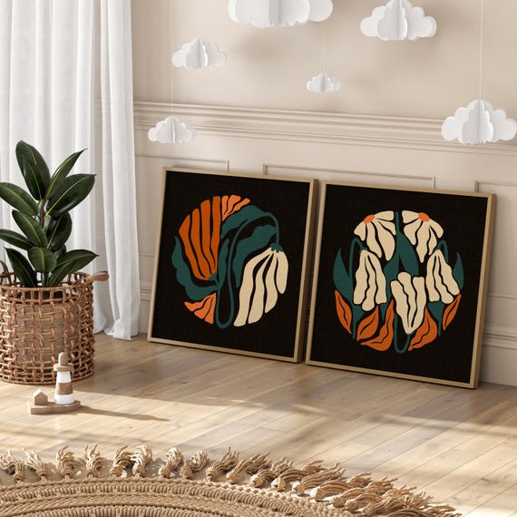 Abstract Retro Floral Wall Art, Matisse-Inspired Botanical Prints in Dark Teal and Orange – 70s Style Wall Art for Boho & Mid Century Decor