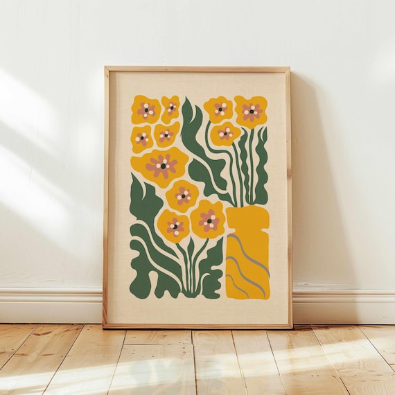 70s Retro Floral Print: Groovy Matisse Style Flower Poster, Mid Century Modern Botanical Art