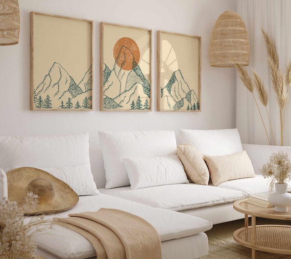 Japandi Mountain Print Set: Minimalist Landscape Triptych, Calm Nature Wall Art