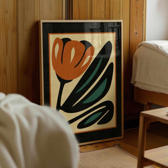 Retro Floral Wall Art – Abstract Tulip Flower Print in Black, Burnt Orange & Teal, Mid Century Boho Botanical Poster for Eclectic Interiors