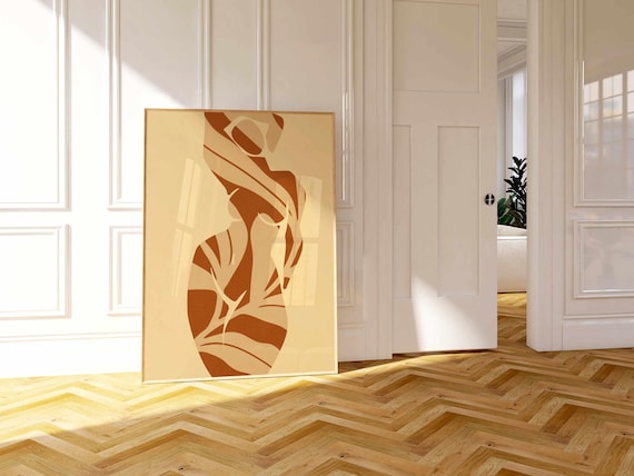 Matisse Style Female Silhouette Art Print: Burnt Sienna Leaf Cutouts, Mid Century Modern Decor