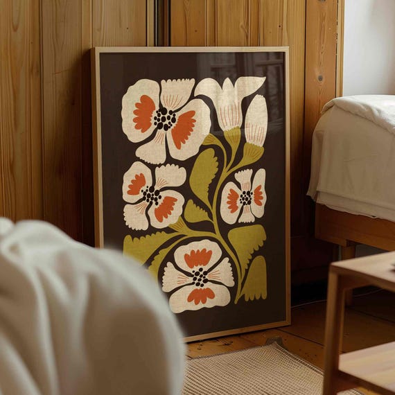 70s Retro Floral Print: Mid Century Modern Botanical Wall Art, Matisse Style Flower Poster