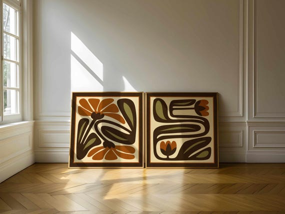 Retro Floral Print Set: Olive & Rust Botanical Art, Mid-Century Modern Boho Decor