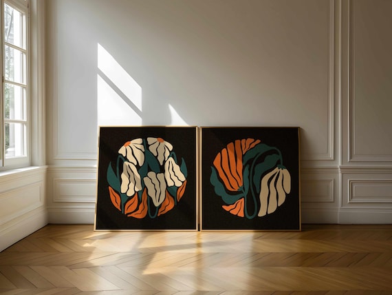 Retro Floral Print Set — Teal & Burnt Orange Botanical Art, Mid Century Modern Boho Decor