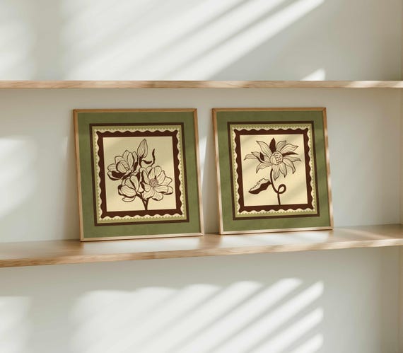 Vintage Botanical Print Set: Earth Tone Flower Stamp Art, Cottagecore Wall Decor