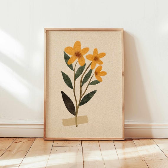 Cottagecore Floral Print – Vintage Style Wildflowers in Yellow and Dark Green, Retro Botanical Wall Art for Boho or Cozy Home Decor