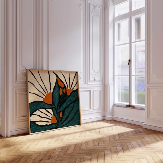 Retro Floral Print: Teal & Burnt Orange Botanical Art, Mid Century Modern Abstract Wall Decor